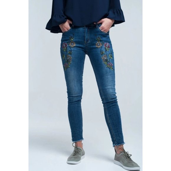 WOMEN'S JENNER BLUE SKINNY JEAN WITH EMBROIDERIES - Picture 1 of 5